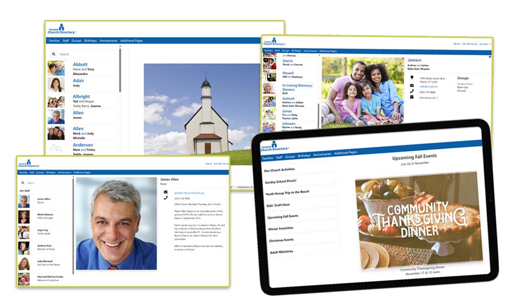Instant Church Directory shown on phone, tablet, and printed pages