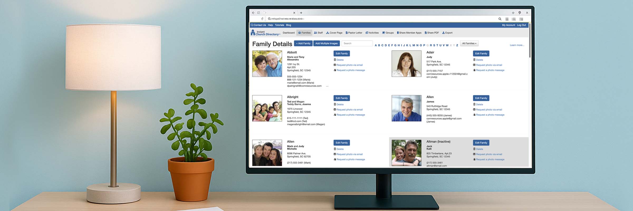 Family directory management screen in Instant Church Director
