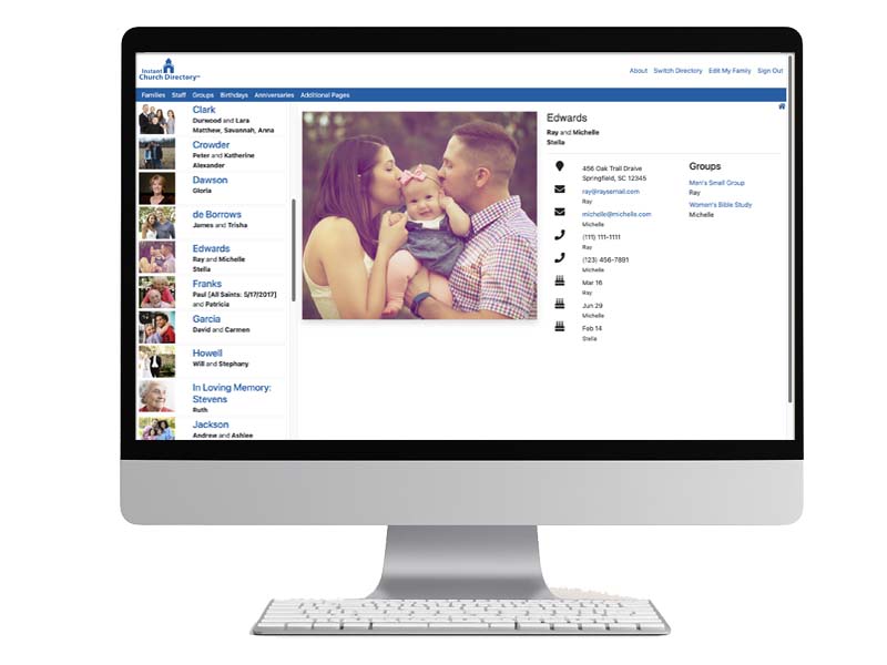 Family listing in Instant Church Directory on laptop